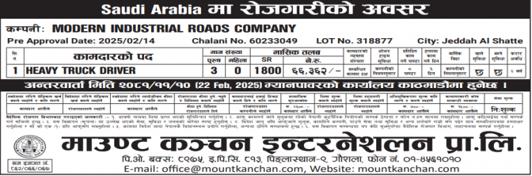 Read more about the article Male : HEAVY TRUCK DRIVER in Saudi Arabia – 3 nos