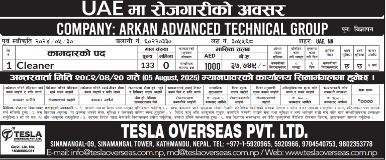 Read more about the article Male : Cleaner in UAE, 133 no