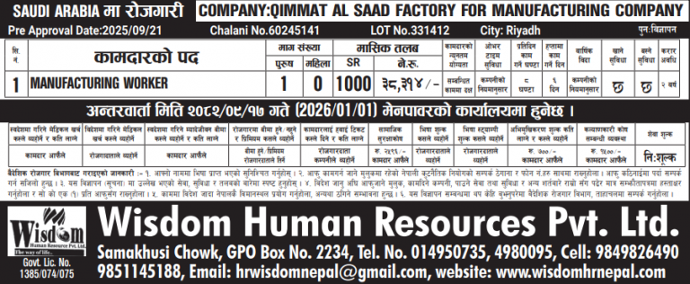 Read more about the article Male : MANUFACTURING WORKER in Saudi Arabia, 1 no