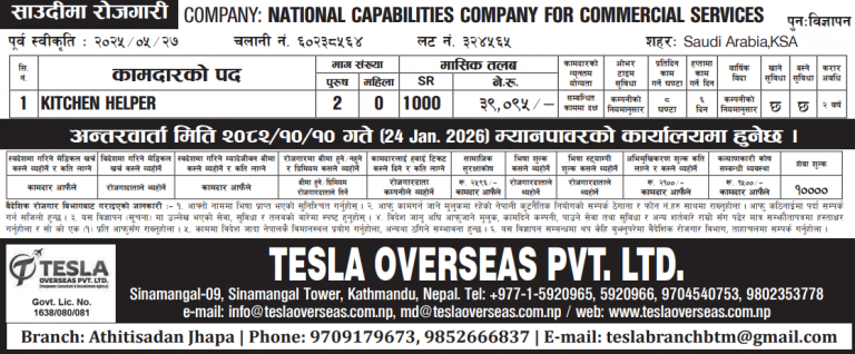 Read more about the article Male : KITCHEN HELPER in Saudi Arabia , 2 no