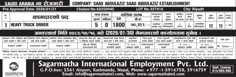 Read more about the article Male : HEAVY TRUCK DRIVER in Saudi Arabia , 5 no